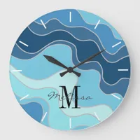 Artistic Blue Ocean Waves Beach Monogram Large Clock