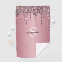 Rose Gold Pink Glitter Drips Sparkle Monogram Name Golf Towel