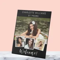 Photo collage black white birthday party welcome pedestal sign