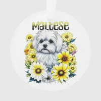 Maltese Small :White Dog Bree in Yellow Flowers Ornament