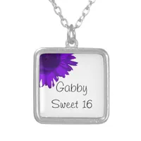 Purple Pop Art Flower Sweet 16 Birthday Silver Plated Necklace