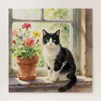 Watercolor Cat and Flower Themed Jigsaw Puzzle