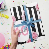 40th birthday chic pink roses black white stripes wrapping paper