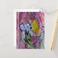 Pretty Iris Flower pink stars mixed media collage  Postcard