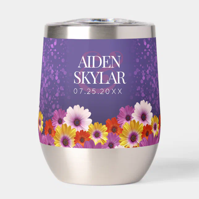 Elegant Daisies with Purple Glitter Wedding Thermal Wine Tumbler