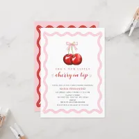 Cherry on Top Coquette Pink Bow Girl Baby Shower Invitation