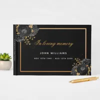 Memorial funeral loving memory black gold floral guest book