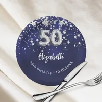 50th Birthday navy blue silver stars Paper Plates
