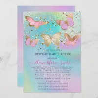 Gold Glitter Pink Butterflies Drive By Baby Shower Invitation