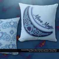 Crescent Moon Magic Stars Celestial Light Blue Throw Pillow