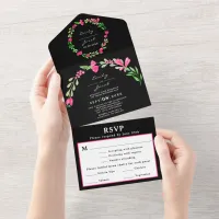 Pink Floral Greenery Black Elegant Wedding RSVP All In One Invitation