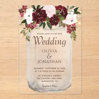 Rustic Burgundy Floral Mason Jar Wedding Acrylic Invitations