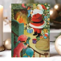 Vintage Santa Claus Fireplace Kids On Stairs Holiday Card