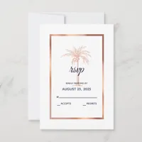 Navy Blue Rose Gold Copper Palm Tree Wedding RSVP Card