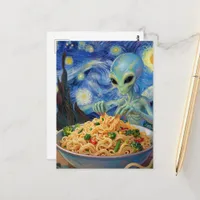 Scifi Blue Alien Eating Noodles Veggies Van Gogh Postcard