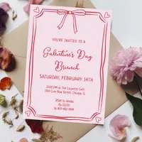 Cute Galentine's Day Brunch Pink & Red Bow Hearts Invitation