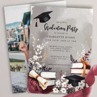 Elegant Floral Books Graduation Party Photo Invitation