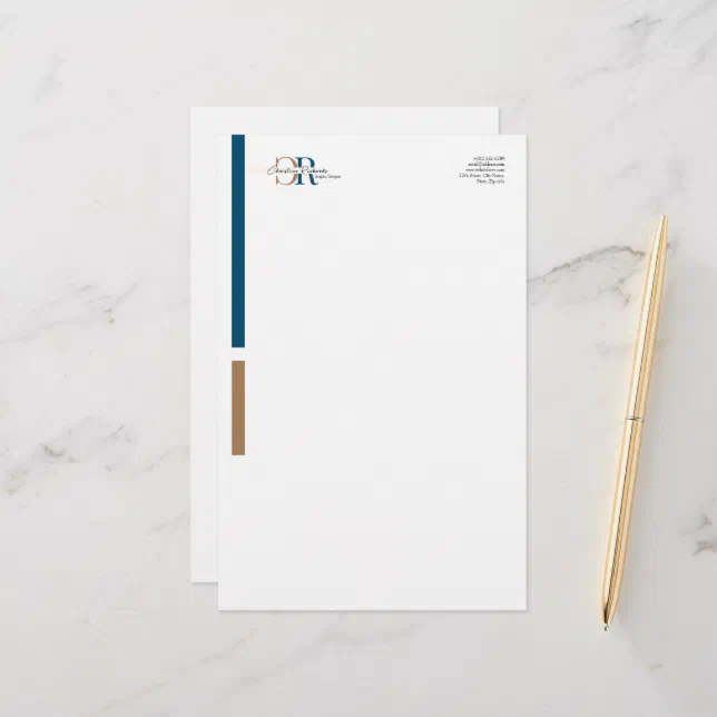 Simple Modern Blue Gold Monogram Stationery