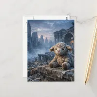 sad little stuffed sheep abandoned apocalyptic  postcard
