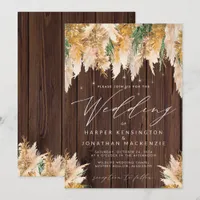 Boho Pampas Grass Wood Twinkle Lights Wedding Invitation