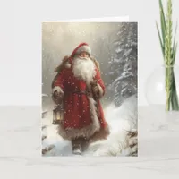 Santa Claus in Snowy Forest Happy Holidays Folded Card
