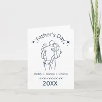 Blue Father's day 2 children with Dad  Card