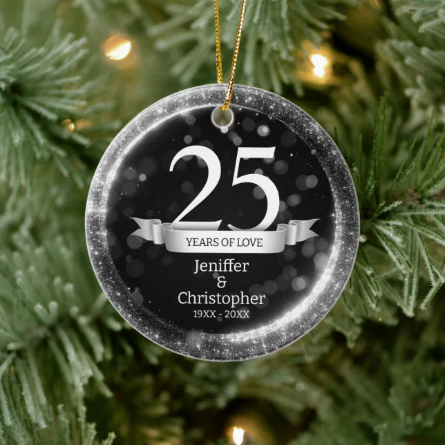 Silver Black Glitter Edit Year Wedding Anniversary Ceramic Ornament
