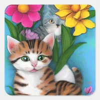 Folk Art Kittens and Flowers Square Sticker