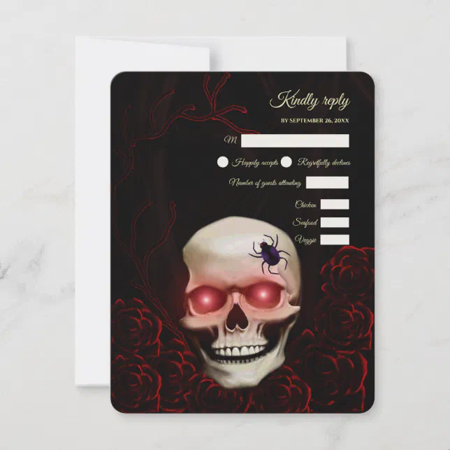 Scary red floral dark moody gothic skull halloween RSVP card