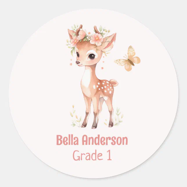 Floral Deer And Butterfly Girl Classic Round Sticker