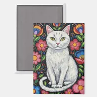 White Cat in Colorful Folk Art Flowers Magnet