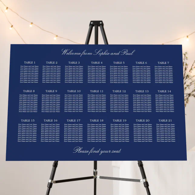 Navy Blue 21 Table Wedding Seating Chart Foam Board