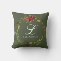 Elegant Christmas Poinsettia Holly Holiday Wreath Throw Pillow