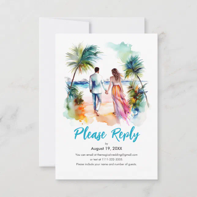 Couple at Beach Wedding Watercolor Response RSVP