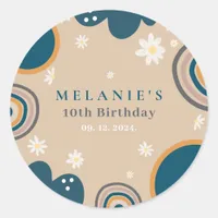 Boho Rainbow Daisy Beige Birthday  Classic Round Sticker