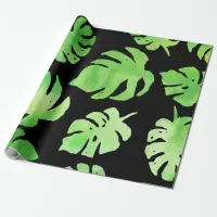 Tropical Green Watercolor Large Leaves on Black Wrapping Paper