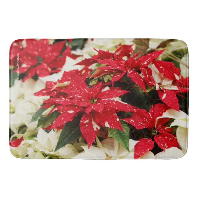 Festive Red White Floral Poinsettias Bathroom Mat