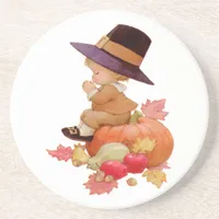 Vintage Pilgrim Boy Praying on Pumpkin Sandstone Coaster