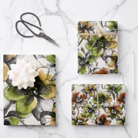 Three Sizes Abstract Alcohol Wash Pen Ink Flowers Wrapping Paper Sheets