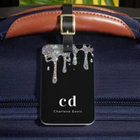 Black silver glitter drips monogram name luggage tag