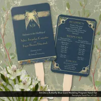 Art Deco Butterfly Blue Gold Wedding Program Hand Fan