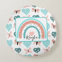 Pink and Teal Rainbows, Butterflies and Hearts Round Pillow