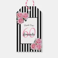 60th birthday pink florals on black white stripes gift tags