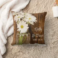Mason Jar and White Daisies Country Barn Wedding Throw Pillow