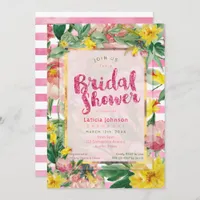 Bridal Shower | Pretty Yellow Pink Floral+Stripes Invitation