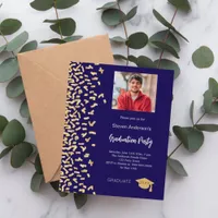 Graduation party dark blue gold photo invitation