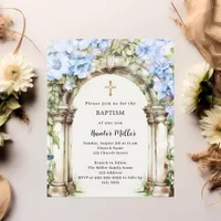 Blue florals arch beige boy Baptism invitation