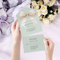 Sage green beige cream bow Sweet 16 rsvp All In One Invitation