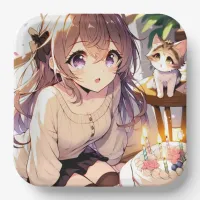 Pretty Anime Girl with Kitten and Birthday Cake Paper Plates