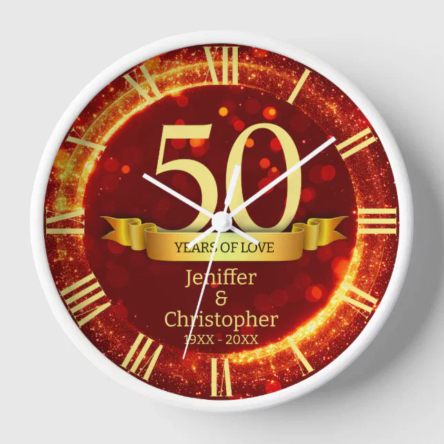 Gold & Red Glitter Edit Year Wedding Anniversary Clock